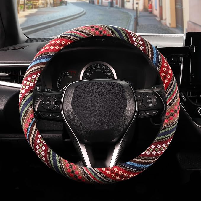 Boho Steering Wheel Cover with Baja Blanket Cloth, Ethnic Style Auto Wheel Cover Made of Coarse Flax, Fits 14 1/2-15 1/4 inches Car Wheel