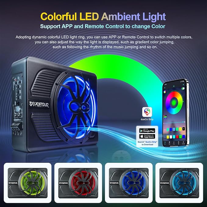 10" Upgrade 800W Slim Under Seat Powered Car Subwoofer, Car/Truck Audio Sub Built in Amplifier amp Combo, with Blue LED Light (RGB LED Subwoofer+Installation Wire Kit)
