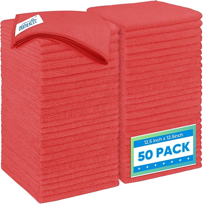 Red Microfiber Cleaning Cloth 50 Pack, 12.5 x 12.5 inch Microfiber Towels for Cars, Ultra Absorbent Car Washing Cloth, Lint Free Streak Free Cleaning Rags for Car, Kitchen, and Window