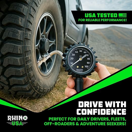 Rhino USA Tire Pressure Gauge with Inflator (0-100 PSI) - Heavy Duty Air Chuck and Compressor Accessories with Stainless Braided Hose, Large Analog Dial and Solid Brass Hardware for Truck and RV