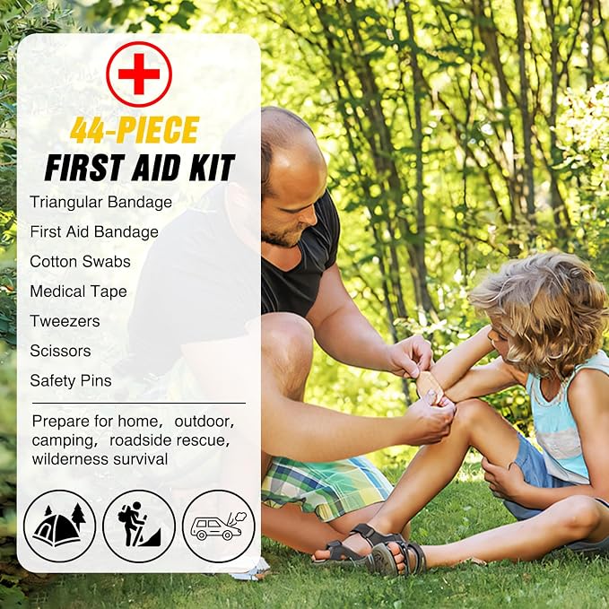 Car Emergency Kit with Jumper Cable, First Aid Kit Safety Assistance Tools for Travel Camping Outdoor Cars Truck SUV RV, Roadside Essentials with Flash Light
