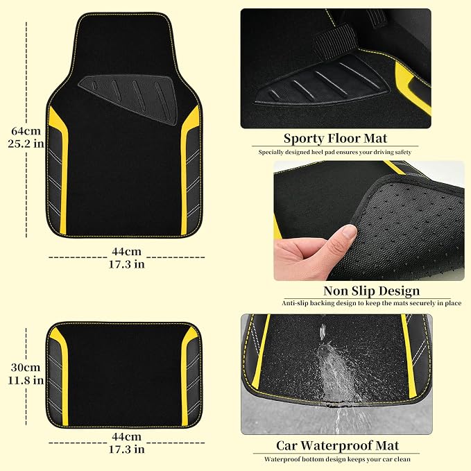 Leather Steering Wheel Cover and Waterproof Car Floor Mats,Microfiber Universal Car Combo Fit for 95% Sedan SUV Van Truck,14.5-15 inch Sporty Anti-Slip Safety Comfortable Design, Black＆Yellow