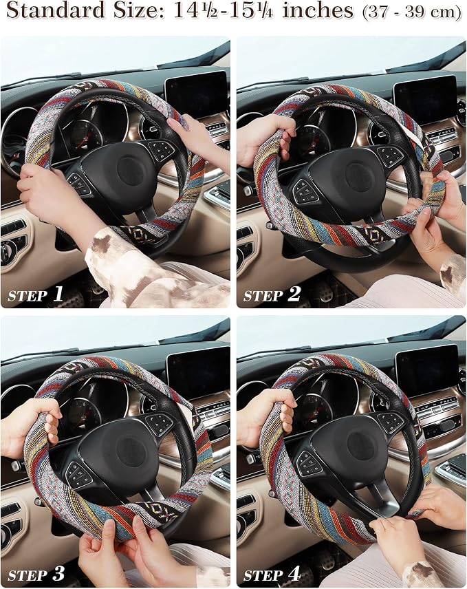 Boho Steering Wheel Cover with Baja Blanket Cloth, Ethnic Style Auto Wheel Cover Made of Coarse Flax, Fits 14 1/2-15 1/4 inches Car Wheel