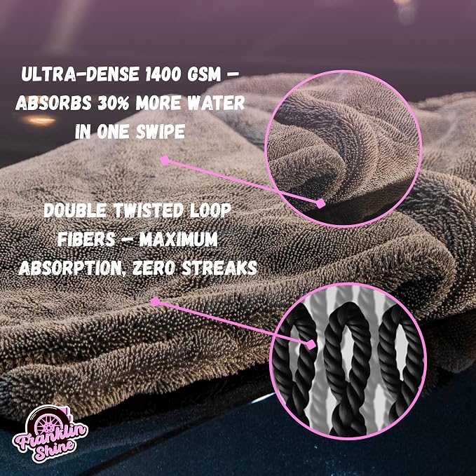 Franklin Shine Microfiber Car Drying Towel 24"x36" Extra Large - 1400 GSM Double Twisted Loop, Ultra Absorbent, Streak-Free, Edgeless & Scratch-Free, Professional Car Detailing Towel, Arizona XL