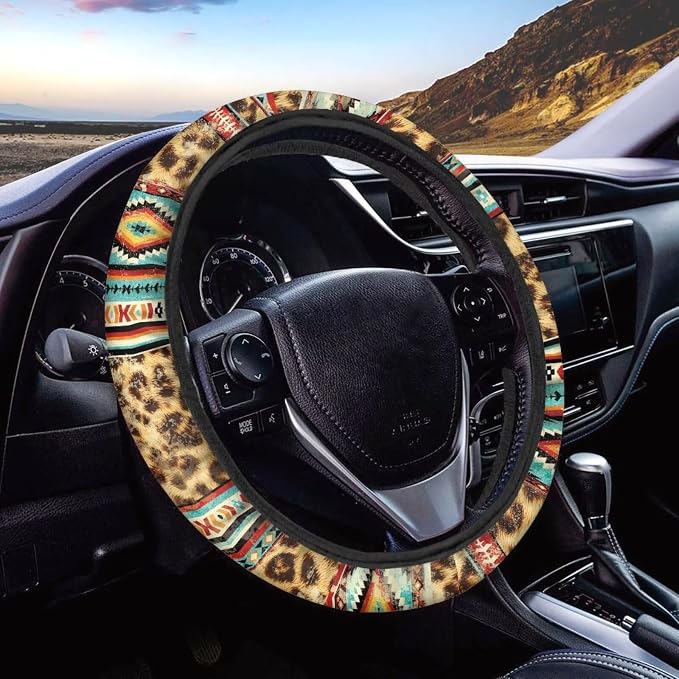 Car Steering Wheel Cover Universal 15 Inch Auto Accessories Car Interior Decoration for Women Men Fit SUV Sedan Van Truck, Vintage Aztec Leopard Print