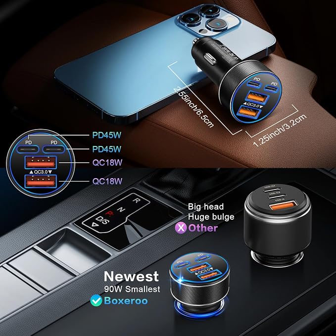 USB C Car Charger, Multi Port 90W Super Fast Charging Cigarette Lighter Adapter, 4-in-1 Dual USB-C & USB-A Car Phone Power Adapter for iPhone 17/16/15/Pro Max, iPad, Samsung Galaxy S25 (Black, 5-Pack)