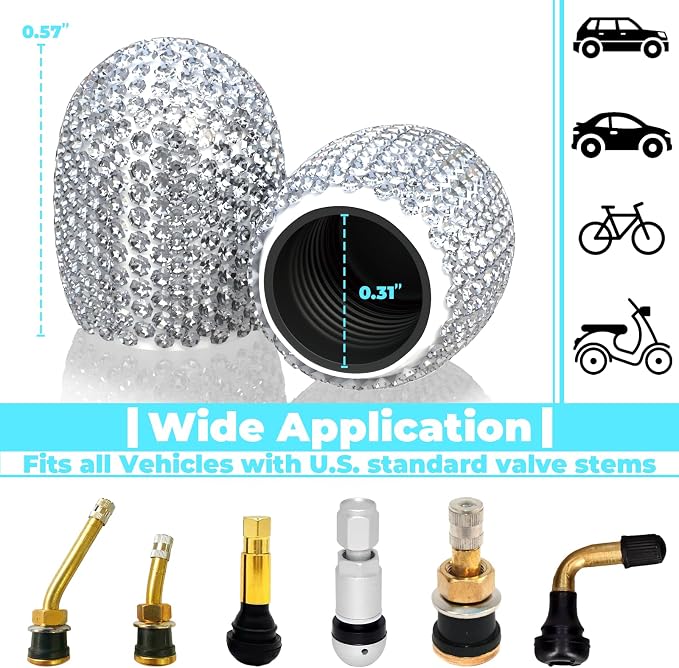 4Pcs Car Tire Valve Stem Caps, Bling Tire Air Cap for Car, Car Accessories for Women Universal Stem Covers, Plastic Liner Corrosion Resistant Tires Valve Cap with O Rubber Ring,Crystal Diamond