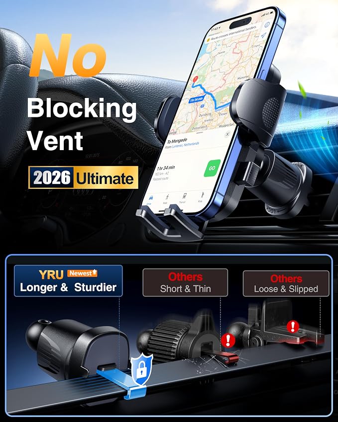 YRU True Military-Grade [360° Rotation Suction] 2026 Ultimate Car Phone Holder Mount 【90+LBS Safest Strongest & Patent Certs】 Dashboard Windshield Vent for iPhone 17 16 Pro Max Samsung, Red