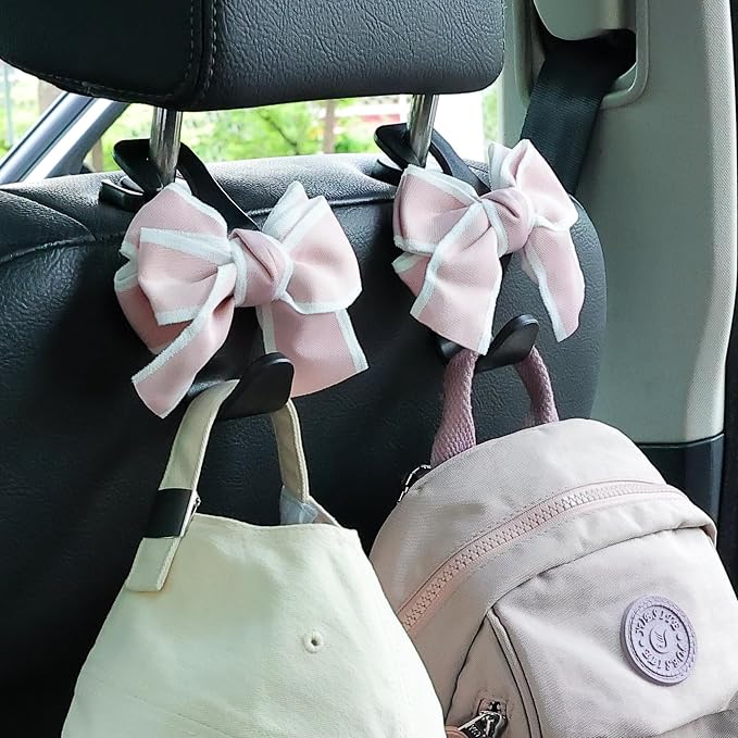 Car Seat Headrest Hook Cute Bowknot Vehicle Hanger Car Storage Organizer for Handbag Purse Coat Grocery Bag Black Pink