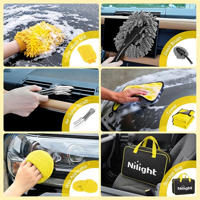 27PCS Car Detailing Kit Auto Cleaning Tools Wash Set with Storage Carry Bag Home Use for Interior Exterior Deep Clean Polish Car Care Windshield Dashboard Seat Air Vents Wheels Tires, Yellow