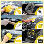 27PCS Car Detailing Kit Auto Cleaning Tools Wash Set with Storage Carry Bag Home Use for Interior Exterior Deep Clean Polish Car Care Windshield Dashboard Seat Air Vents Wheels Tires, Yellow