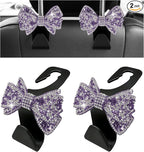2PCS Bling Bow Car Seat Headrest Hooks, S-Type Crystal Auto Rear Seat Organizer for Handbags Purses Groceries, Cute Rhinestone Bow Seats Back Storage Hook for SUV Truck Sedan (Purple)