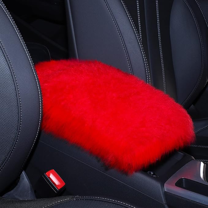 Furry Armrest Cover Auto Center Console Cover Car Soft Console Pad, Real Sheepskin Wool Soft Fluffy Auto Center Armrest Pad for Most Car Decoration Protector(Red)