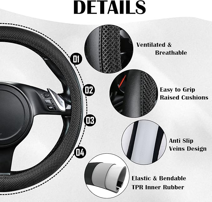 3D Air Mesh Car Seat Covers Full Sets w/5mm Sponge, 4Pcs Waterproof Car Floor Mats, Steering Wheel Cover Universal Fit for SUV Sedan Truck, Airbag Compatible Automotive Interior(Black)