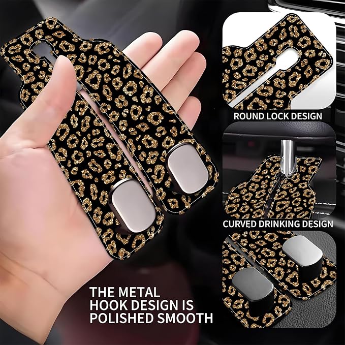 Car Headrest Purse Hanger Abstract Gold Glitter Leopard 1 Pack Bag Purse Holder for Car Premium Leather Double Metal Hook for Handbags, Grocery Bags and Phones