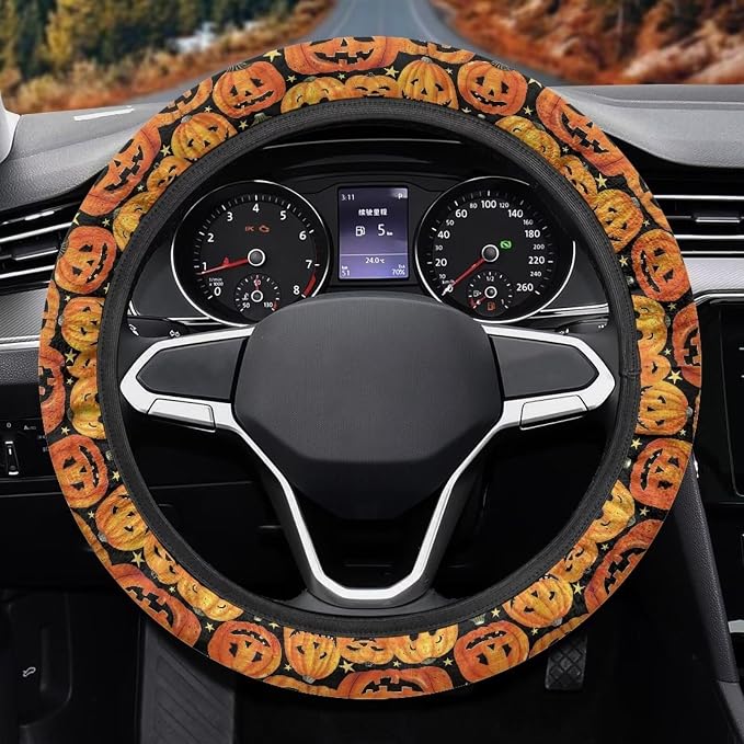 Car Steering Wheel Cover Universal 15 Inch Non-Slip Comfortable Stretch Decorative Halloween Auto Steering Wheel Protector Automobile Accessories, Pumpkin Star