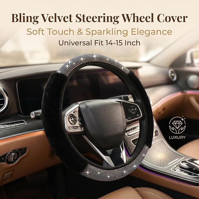 Bling Fluffy Steering Wheel Cover for Women Girls, Rhinestone Diamond Sparkling Fur Steering Wheel Protector Elastic Steering Wheel Covers Winter Warm Universal Fit 14-15 inches -Black | Colorful Diamond Elastic Car Steering Wheel Accessories Sparkling...