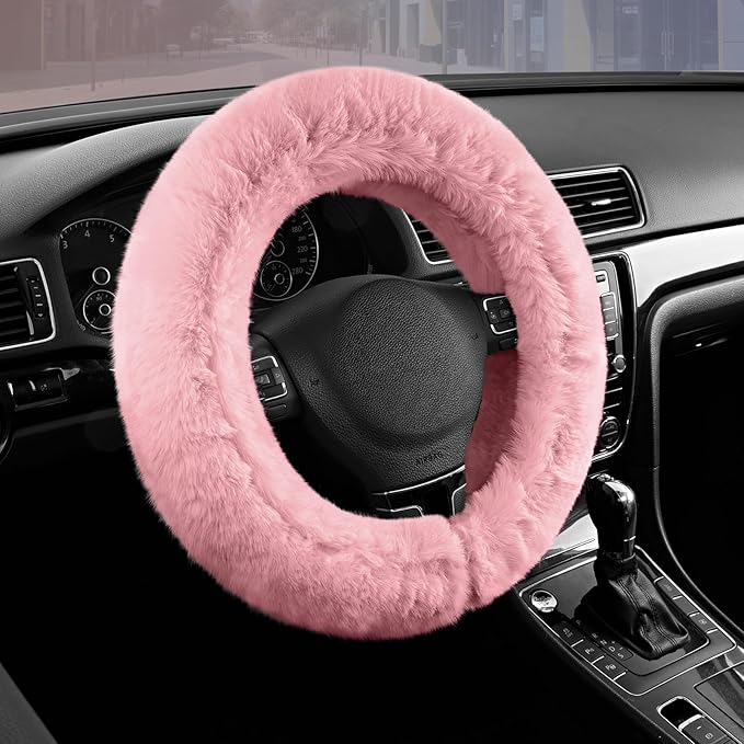 Steering Wheel Cover, Fluffy Car Wheel Covers for Women/Girls/Ladies，Soft Wool Fur Steering Wheel Protector, Universal 14 1/2 inches to 15 inches - Pink