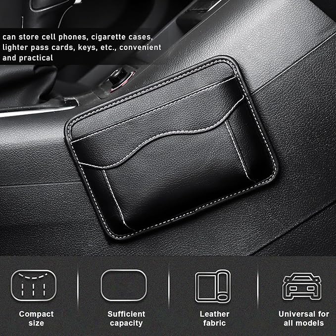 2 PCS Car Seat Side Pocket Organizer, PU Leather Cell Phone Sunglasses Storage Pocket, Mini Seat Gap Filler Pouch for Auto Seat Door Window Console, Interior Car Accessories (Black)