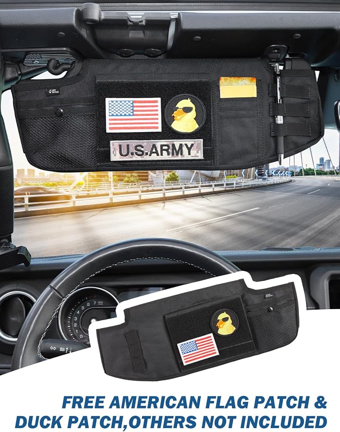 Sun Visor Organizer Compatible with 2018-2026 Wrangler JL & Gladiator JT, Driver's Side Front Tactical Visor Storage Cover Molle Webbing Visor Storage Holder Pouch, Multi-Pocket Net Zipper