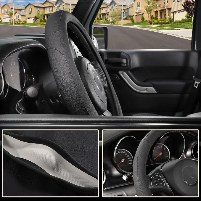 Car Steering Wheel Cover for F-150 Tundra Range Rover 15.5-16 inch, Black Microfiber Leather