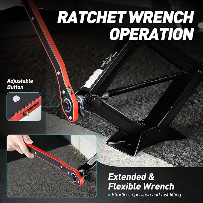 Scissor Jack for Car, 1.5 Ton (3,306 lbs) Scissor Lift Jack with Labor-Saving Ratchet Wrench for Most Cars, 4'' - 15.2'' Lifting Range, TOOLS-00282