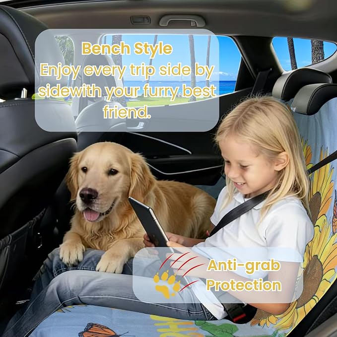 Waterproof Back Seat Cover for Dogs and Kids, Car Seat Protector Under Baby Car Seat, Child and Dog Car Seat Cover Blanket for Rear Bench(Sun Flower,Rear Bench Seat Towel)