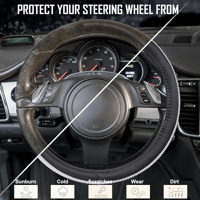 Bling Silver Diamond Leather Steering Wheel Cover, with Sparkly Crystal Glitter Rhinestone Universal Fit 13" 1/2-14" Small Car Wheel Protector for Women Girl Fit Car,SUV,Van,Sedan, Silver