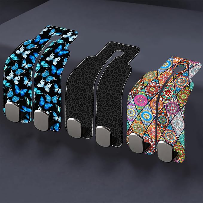 Car Headrest Purse Hanger Watercolor Mermaid Fish Scale 1 Pack Bag Purse Holder for Car Premium Leather Double Metal Hook for Handbags, Grocery Bags and Phones