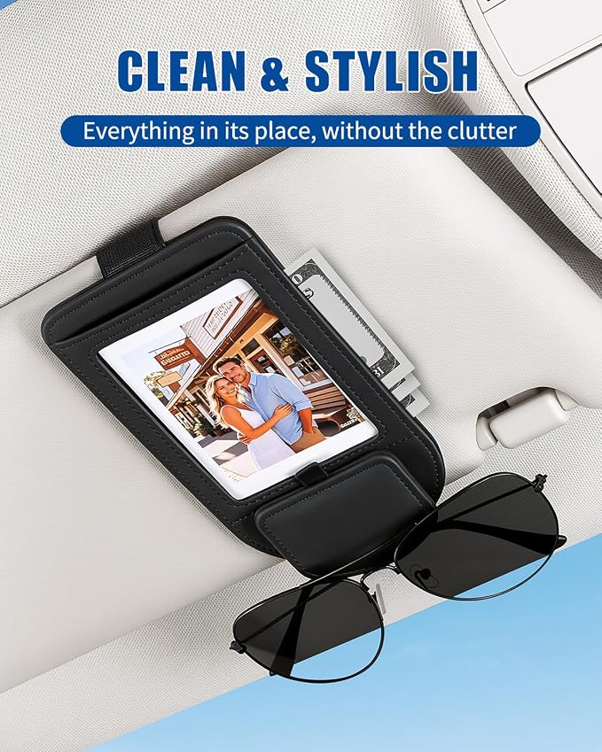 Car Visor Sunglasses Holder, 3 in 1 Glasses Clip with Photo Picture Display & Extra Storage Pocket, Anti-Slip Universal Sun Visor Organizer, 2026 Upgraded (2, Black)