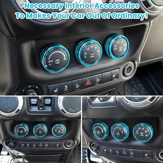 Audio Air Conditioning Button Cover Decoration Twist Switch Ring Trim for Jeep Wrangler JK JKU Patriot 2011-2018, Compass 11-16, Liberty 08-12, Dodge Challenger 08-14 Interior Accessories (Light Blue)