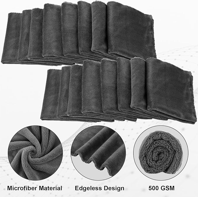 20 Pcs 16 x 16 Inch Edgeless Microfiber Plush Towels for Cars Detailing Drying Wash Polishing Absorbent Cleaning Cloths, 500 GSM (Gray)