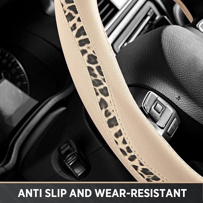 Steering Wheel Cover - Flat Bottom Wheel Cover Made with PVC Leather and Leopard Fabric - Universal Fit for 15-Inch D-Shaped Automotive Steering Wheels (Milky White)
