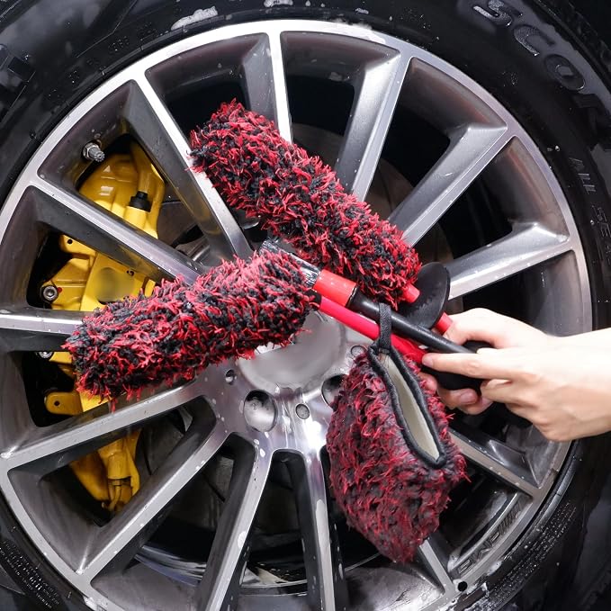 Metal Free Microfiber Wheel Brush Kit- Microfiber Angled Wheel Brush, Long Handle Wheel Brush, Tire& Detailing Brush, Wheel Wash Mitt. Hands-On Wheel Detailing Kit for Daily Wheel Cleaning