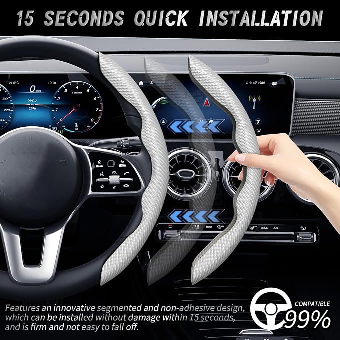 2pcs Car Steering Wheel Cover,Anti-Skid Carbon Fiber Steering Wheel Protector for Men Women,Multiple Color Options,Universal for Most Car Interiors Accessories (Grey)