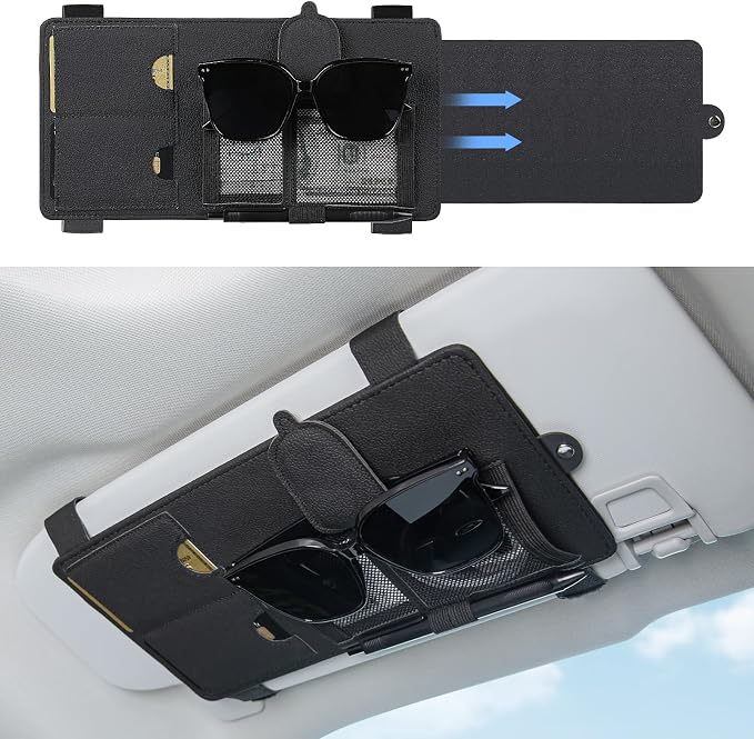 Sun Visor Extender for Car, Sun Blocker with Magnetic Sunglass Holder Hanger Clip, Ticket Card Organization Pouches, Side Sunshade Visor Organizer Accessories, Black