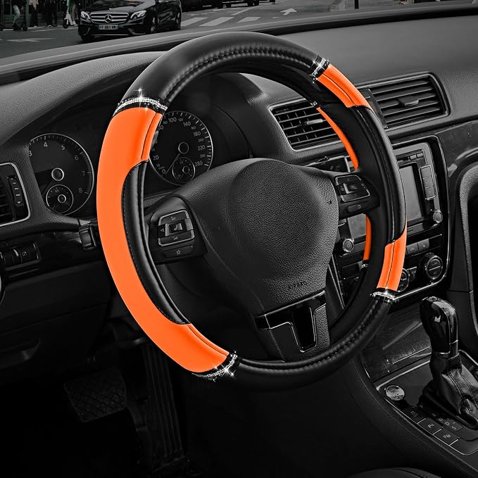 Leather Steering Wheel Cover - Made with PVC Leather - Anti-Slip, Universal Fit 14 1/2 inches to 15 inches - Orange