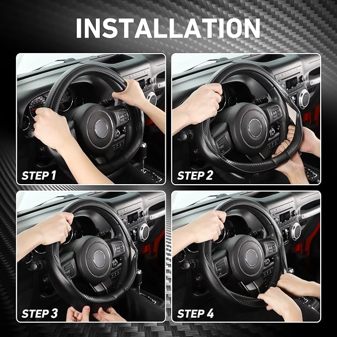 Car Steering Wheel Cover Large-Size for F150 F250 F350 Ram 4Runner Tacoma Tundra Range Rover with 15 1/2"-16" Outer Diameter Leather with Carbon Fiber Pattern Black