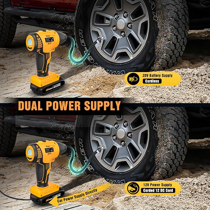 Cordless Tire Inflator Air Compressor Dual Power Supply 20V Rechargeable Battery Powered 150PSI Handheld Air Portable Pump with 12V Adapter Digital Pressure Gauge for Cars Motorcycles