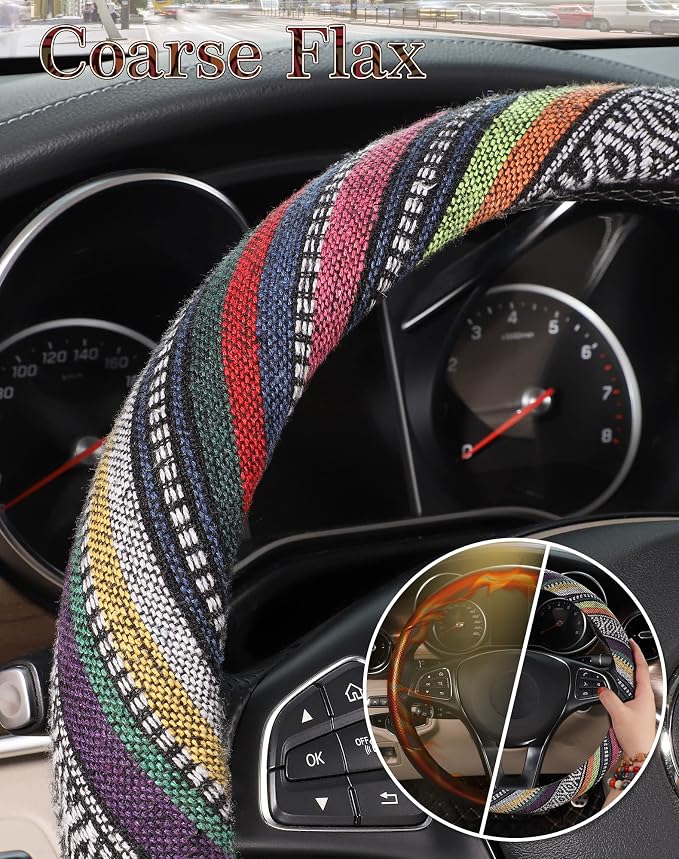 Boho Steering Wheel Cover with Baja Blanket Cloth, Ethnic Style Auto Wheel Cover Made of Coarse Flax, Fits 14 1/2-15 1/4 inches Car Wheel