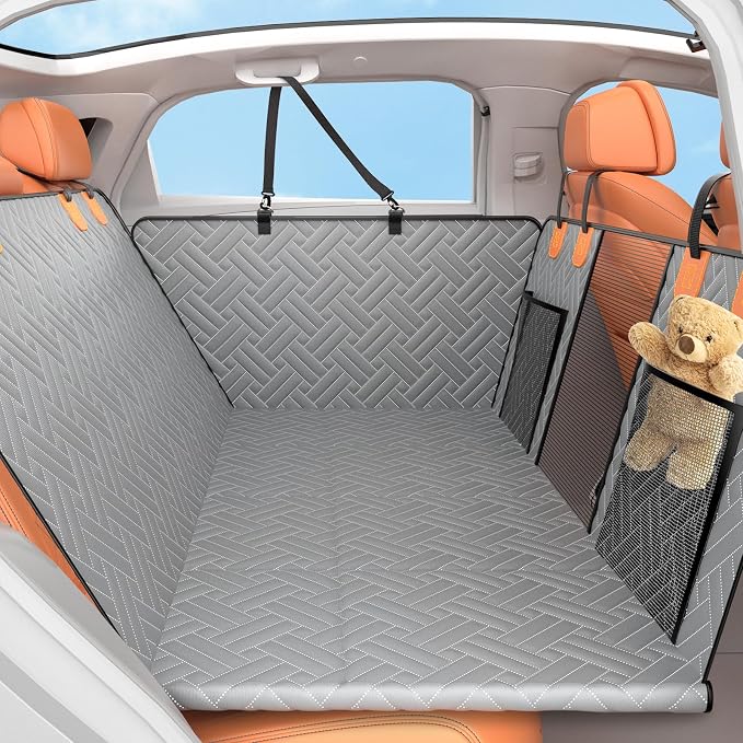 Back Seat Extender for Dogs,Hard Bottom Car Seat Cover for Dogs with Mesh Window,Waterproof Backseat Pet Cover Hard Bottom-Dog Car Seat Cover for Back Seat Dog Hammock for Car/SUV (L-Grey)