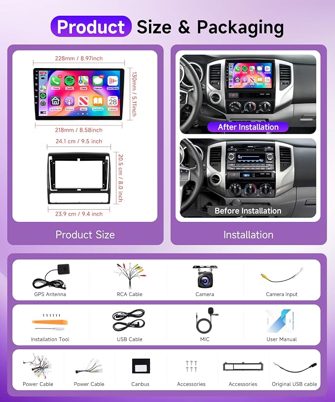 Android 15 Car Stereo Radio for Toyota Tacoma 2005-2015, Wireless Carplay Andorid auto Mirror Link 9'' Touchscreen GPS WiFi Bluetooth 5.0 FM/RDS EQ-32 SWC Backup Camera 2G+64G
