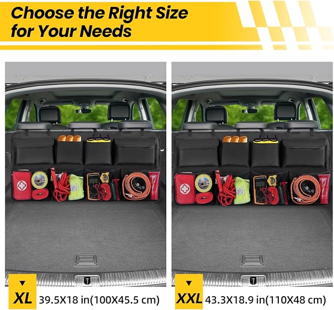 Car Backseat Hanging Trunk Organizer Extra-Long, 30% More Storage, 8 Large Pockets Car Storage Bag for SUV, Truck, Van – Super Capacity SUV Hanging Organizer for a Neat & Clutter-Free Space - Black