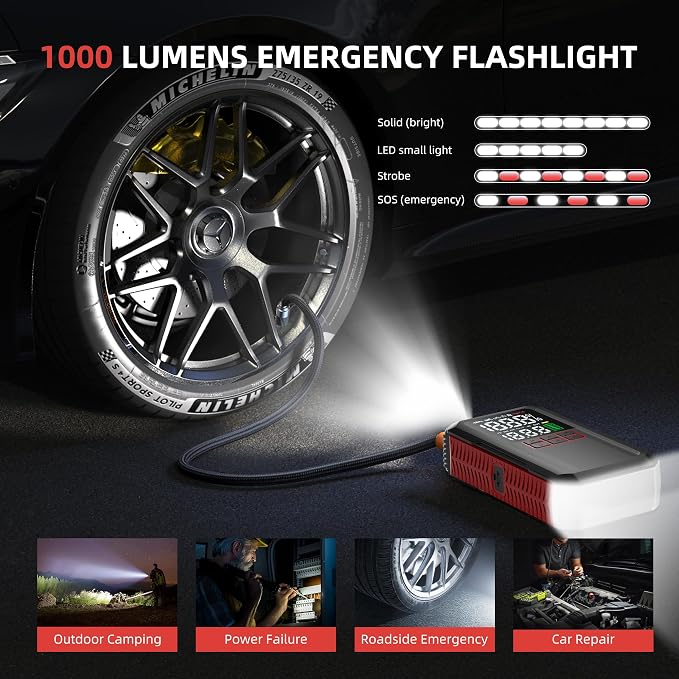 5000A Car Battery Jump Starter with Air Compressor 160PSI, Battery Jumper Starter Portable 7.0L Gas/6.0L Diesel, Jumper Cables, Car Battery Charger with Power Bank & Light, Roadside Emergency Kit