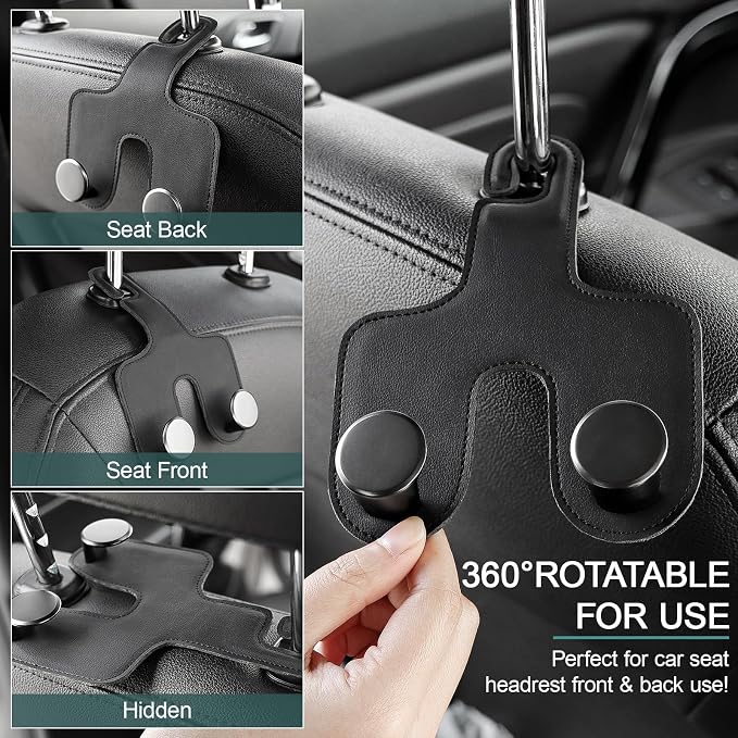 Car Headrest Hook, Bags Hanger for Car, Leatehr Car Double Hooks for Purses and Bags, Car Hanger Storage Holder for Handbag Coat Umbrella, Car Inside Accessories
