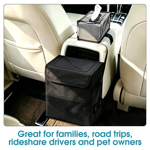Car Trash Can with Tissue Holder, Leakproof Car Garbage Can with Detachable Car Napkin Holder, Hanging Car Trash Bin for Headrest, Console, Truck, SUV Car Accessories, Black