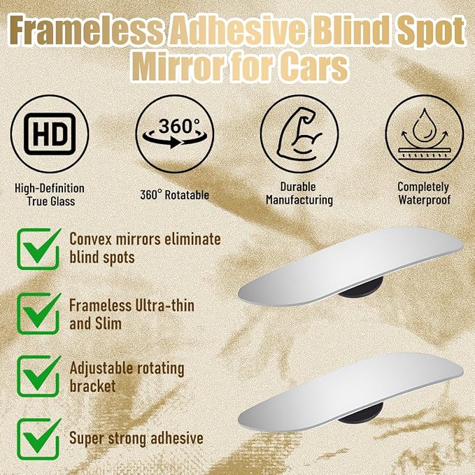 2PCS Car Blind Spot Mirror, Wide Angle HD Glass Rectangle Convex Frameless Side Blindspot Mirror with Adjustable Stick, Auto Exterior Rear View for Wide Angle, Universal for Vehicle (Extended)