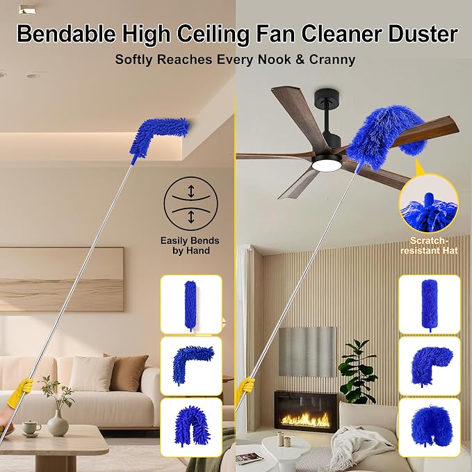 Ceiling Fan Cleaner Dusters for Cleaning 6-in-1 Kit, Cobweb Duster with Extension Pole, 100 Inches High Ceiling Fan Blade Cleaners with 5 Reuseable Dusting Heads for Windows and Blinds- Blue
