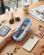 Preppy Checkered Clear Travel Makeup Brush Holder,Blue and Beige Checkered Makeup Brush Toiletry Bag, Portable Cosmetic Brush Case,Transparent Waterproof Makeup Brush Storage Bag