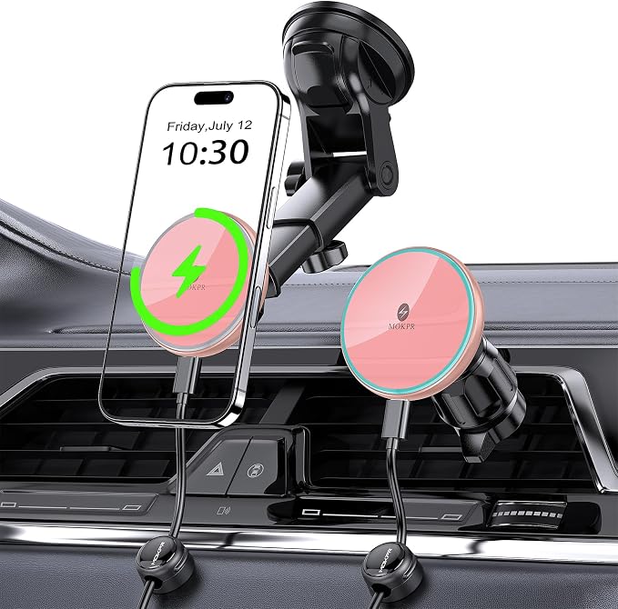 for Mag-Safe Car Mount Charger, Magnetic Phone Holder for Your Car Charger Dash Windshield Vent Magnetic Wireless Car Charger Mount for iPhone 17 16 15 14 13 12 Pink